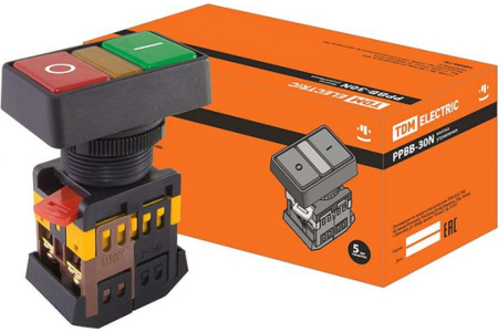 Кнопка двойная MPD2-11С (зеленая/красная) (LED) в сборе d22мм/220В (I/O) линза прозрачная TDM